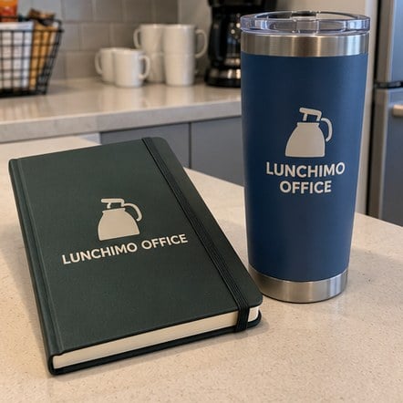 Branded swag notebook and tumbler on an office break room counter
