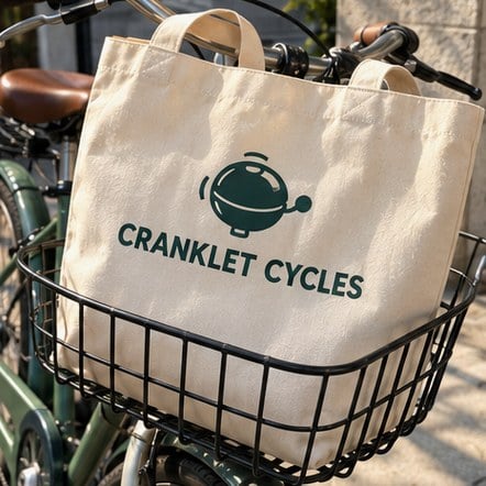 Branded swag tote bag in a bicycle basket