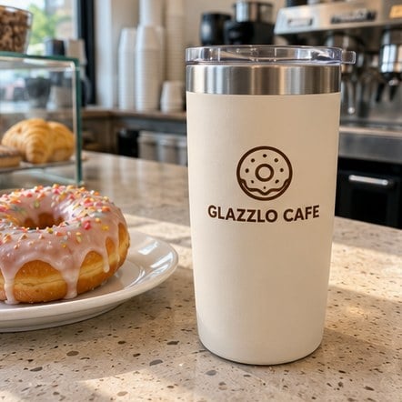 Branded swag tumbler on a cafe counter beside a pastry