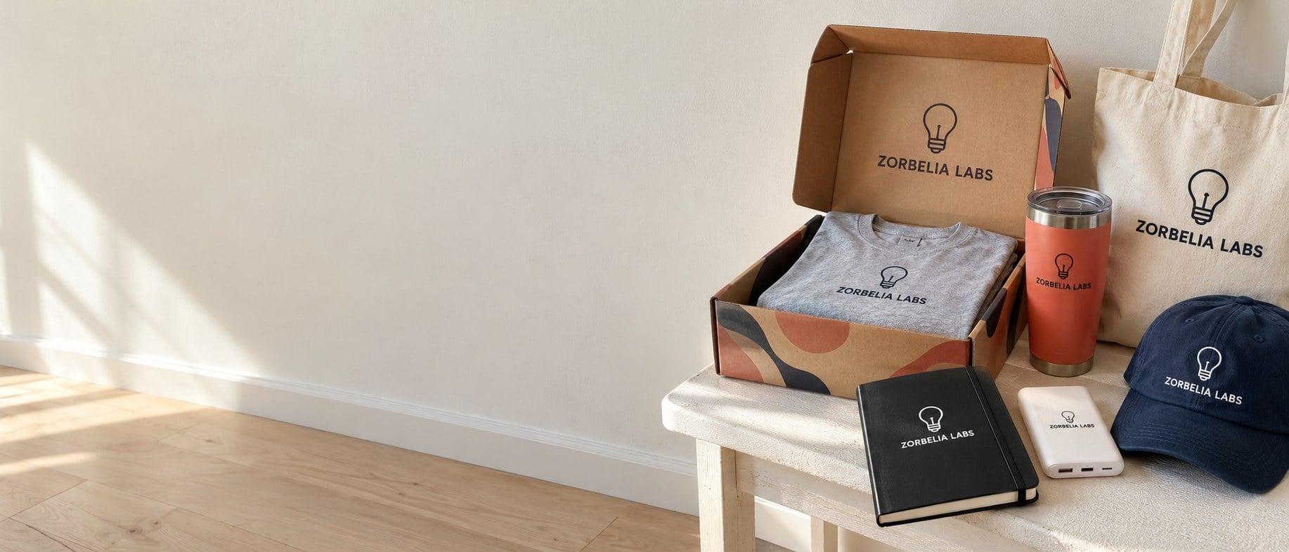 Custom company swag pack with a folded tee, tumbler, notebook, tote bag, hat and power bank on a white bench