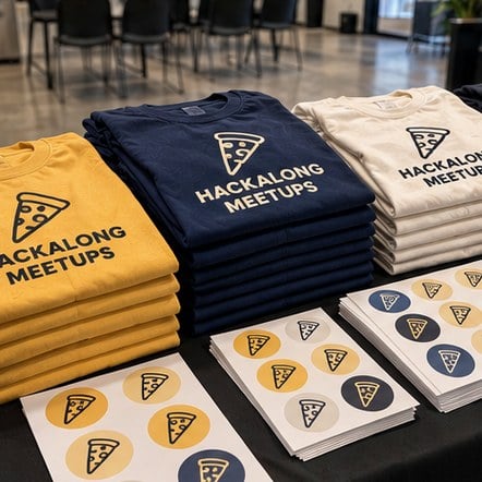 Custom event tees and sticker sheets on a meetup venue table