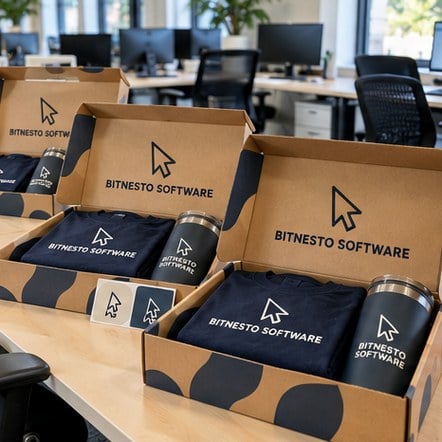Custom onboarding swag boxes waiting on desks in a startup office
