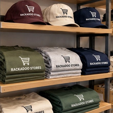 Custom team tees and hats on shelves in a company swag store