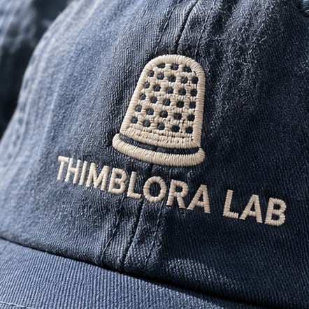 Raised embroidered logo detail on a washed cotton dad hat