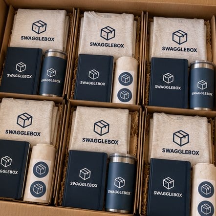 Wholesale company swag kits packed inside a shipping box